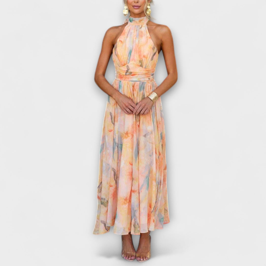 Halter-Neck | Watercolor Print Maxi Dress