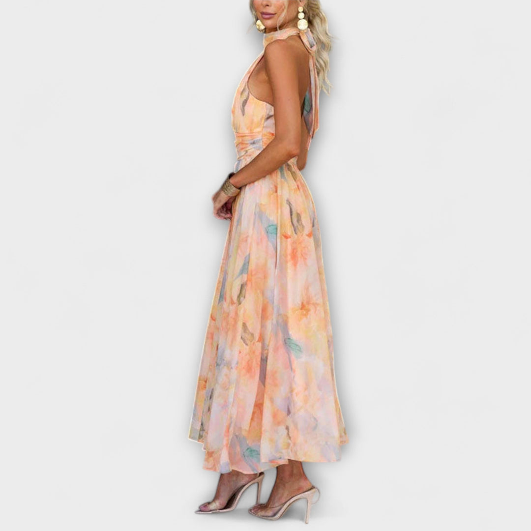Halter-Neck | Watercolor Print Maxi Dress