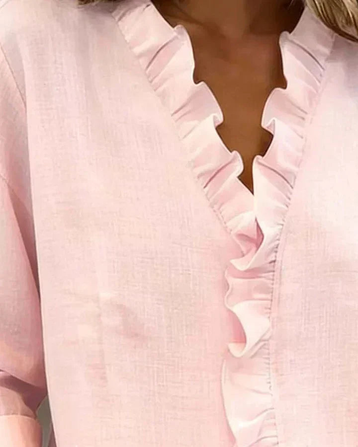 Yvonne | Blouse with Ruffles, V-Neck and Long Sleeves