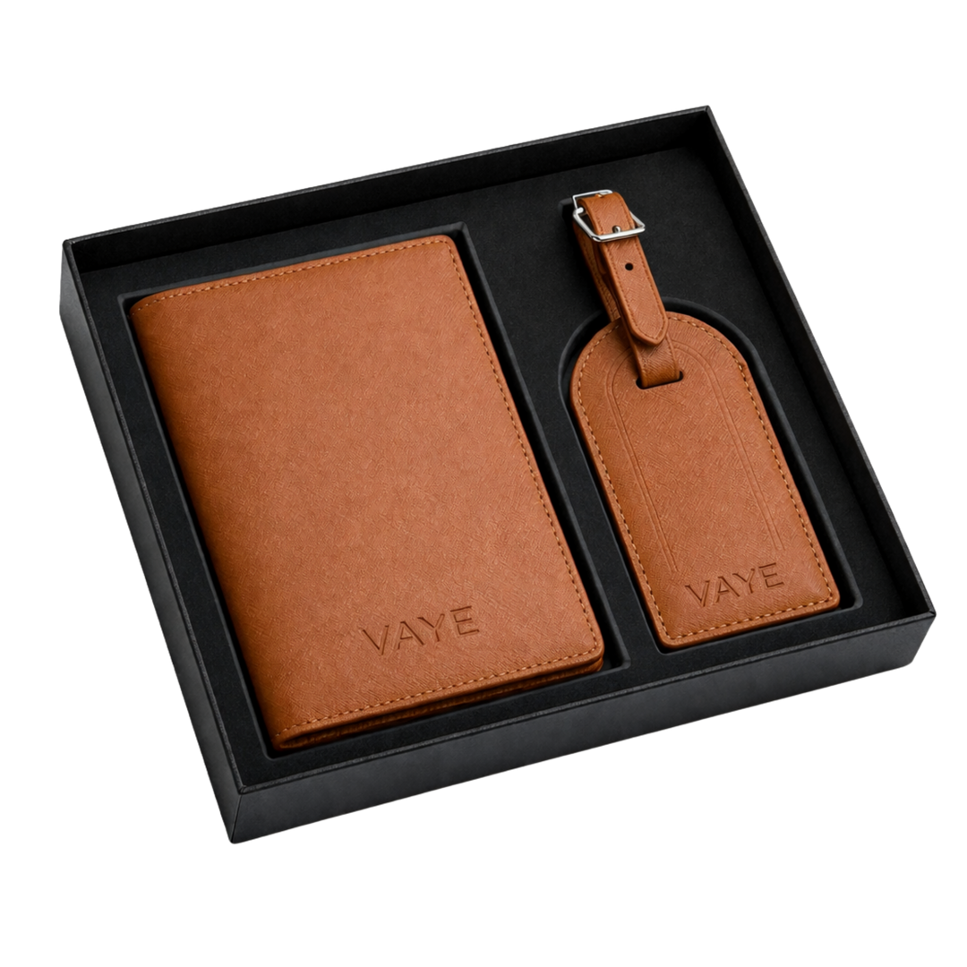 Leather Passport Holder + Luggage Tag Set - Brown