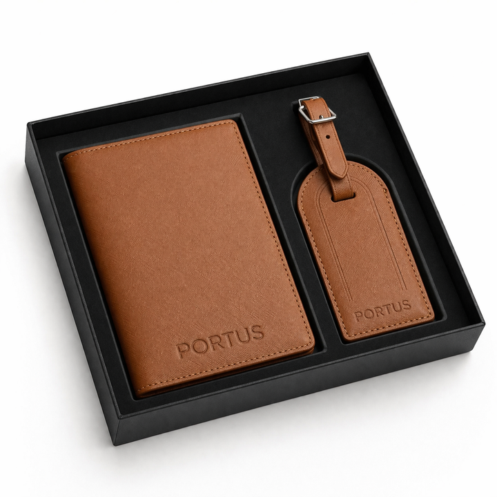 Leather Passport Holder + Luggage Tag Set - Brown