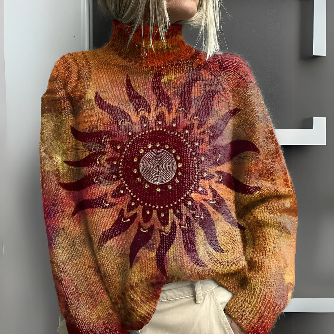 Luna | Warmer Knit Turtleneck Sweater with Tribal Sun Motif